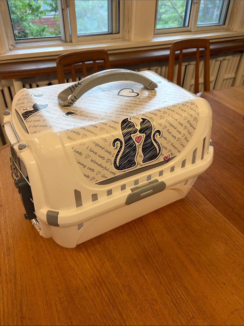 White Cat Carrier with Heart & Cat Graphics